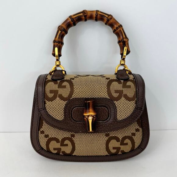 GUCCI 1947 Monogram Jumbo GG Textured Mini Bag Bamboo Top Handle in Camel Auth. - Picture 4 of 16